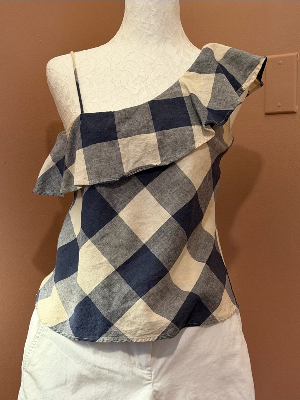 Zara One-Shoulder Gingham Ruffle Top - Navy & Cream